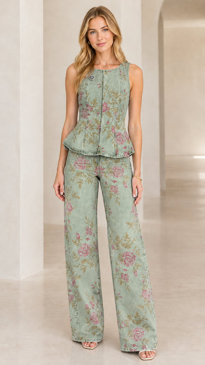 Sage Green floral denim matching peplum top and wide leg pants set