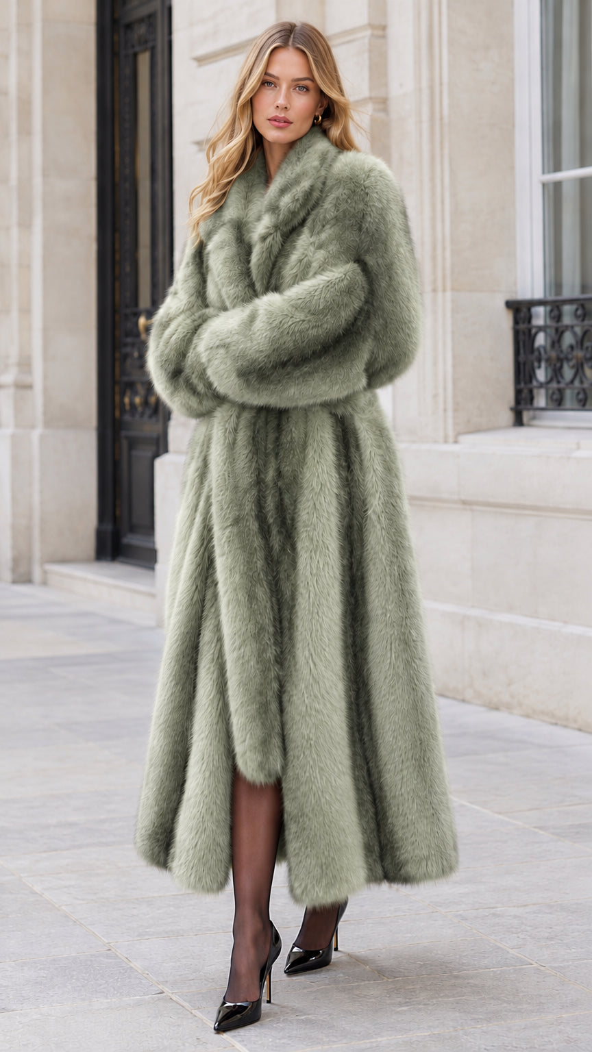 Front view of longline faux fur belted wrap coat in muted sage green