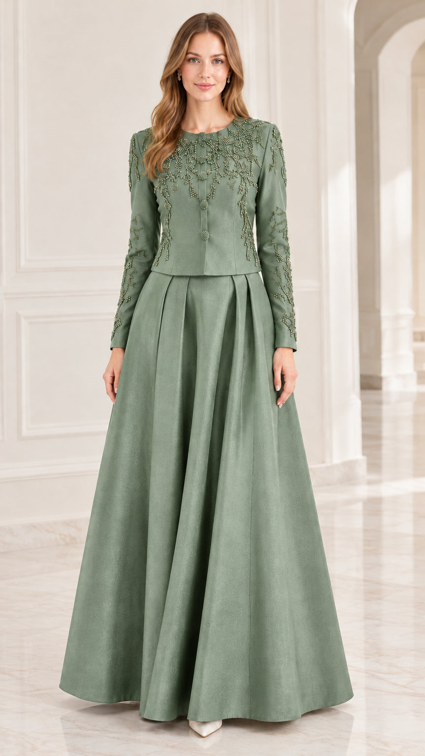 Sage green long-sleeve embellished formal maxi dress on model