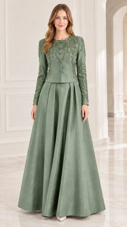 Sage green long-sleeve embellished formal maxi dress on model