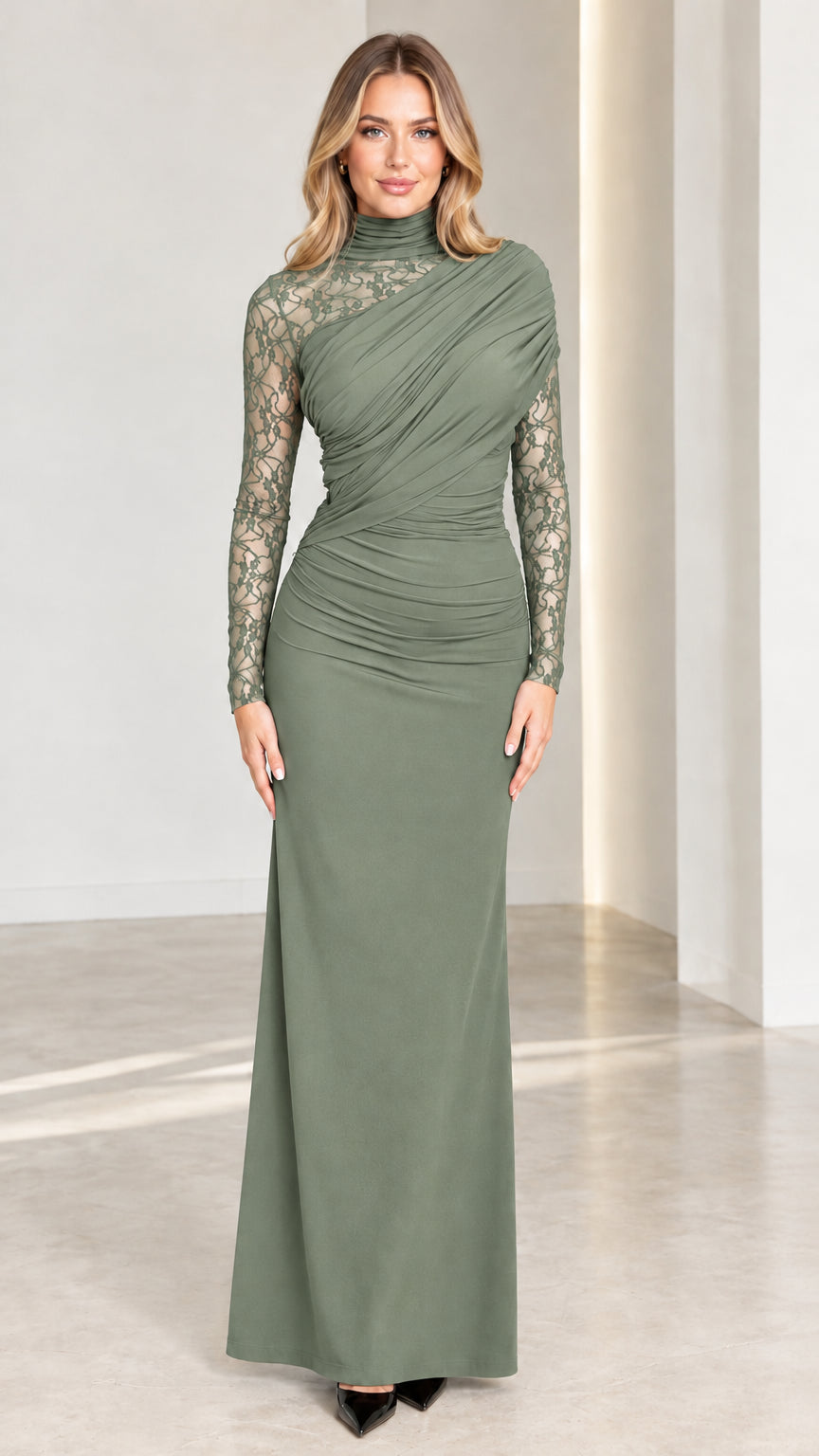 Front view of model wearing Sage Green lace sleeve ruched floor-length gown