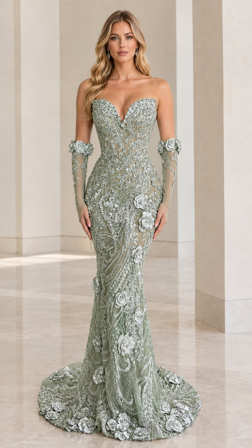 Sage green 3D floral embellished mermaid evening dress with sleeves