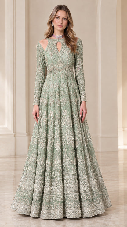 Full-length Sage Green embroidered A-line formal gown