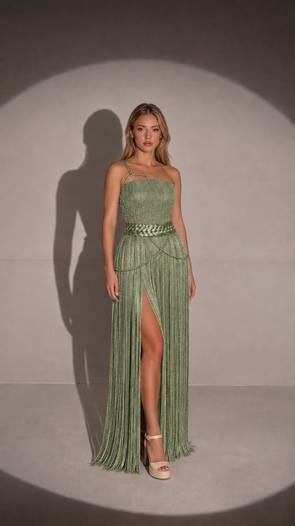 Sage green one-shoulder fringe evening dress with braided waist