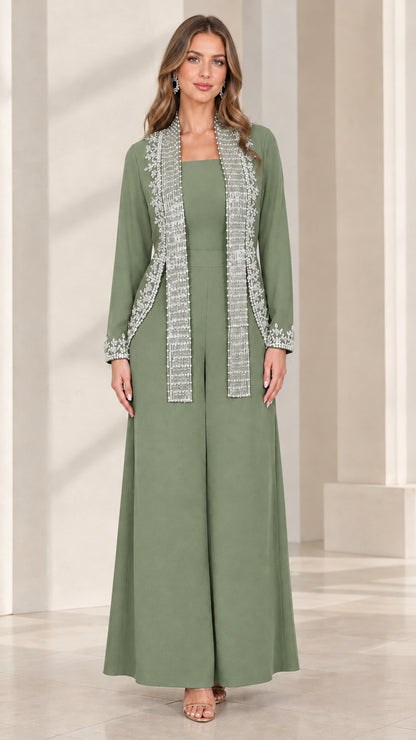 Sage green elegant two-piece wide-leg jumpsuit and beaded jacket set