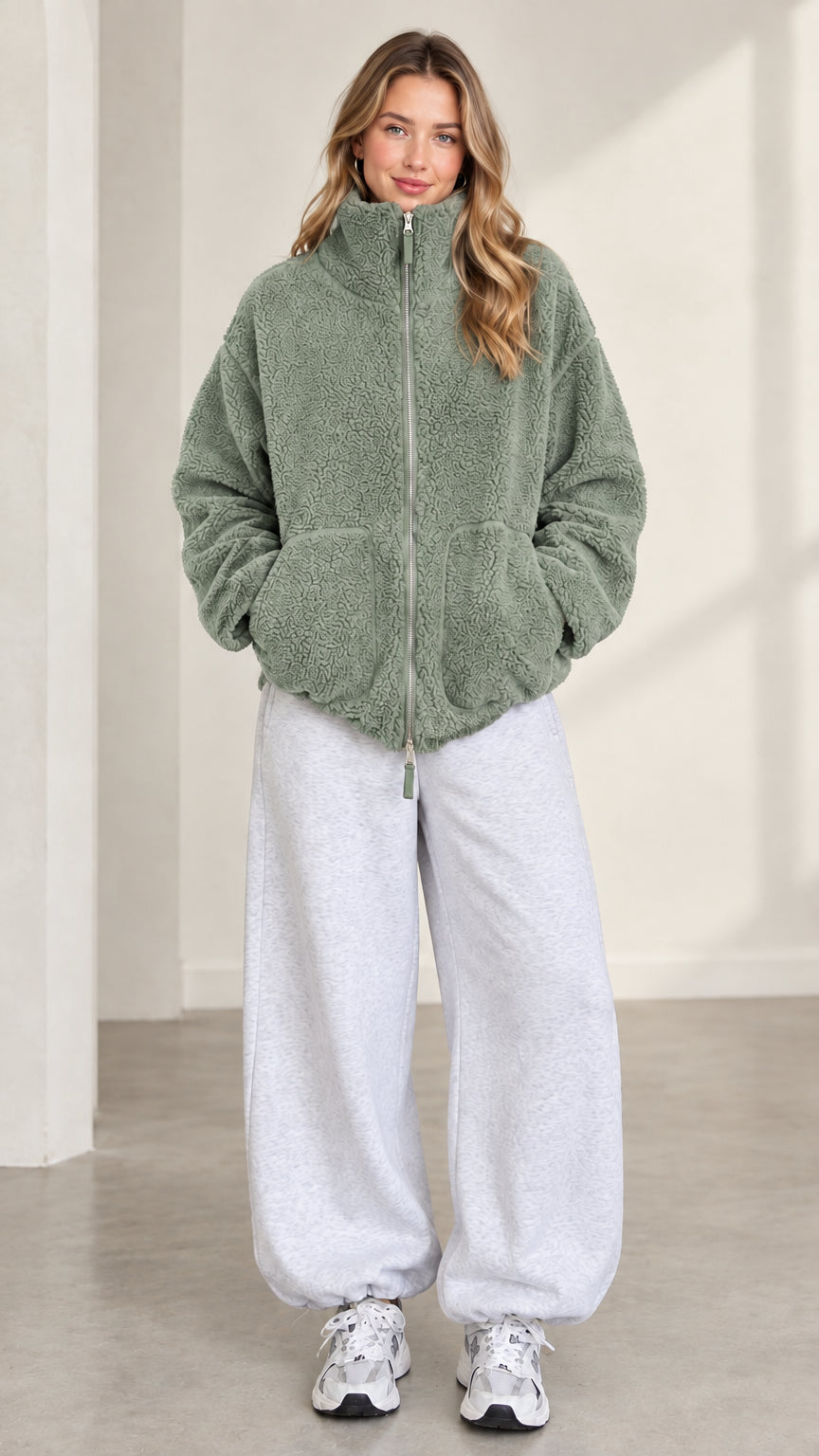 Front view of model wearing sage green zip-up fleece jacket