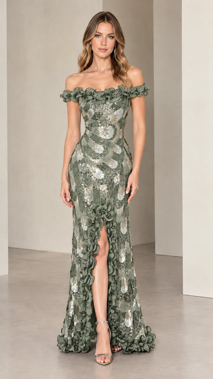 Sage green sequin formal evening dress with floral applique accents