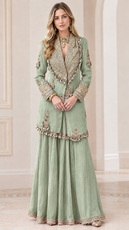 Sage Green tailored embroidered long jacket and flared sharara set