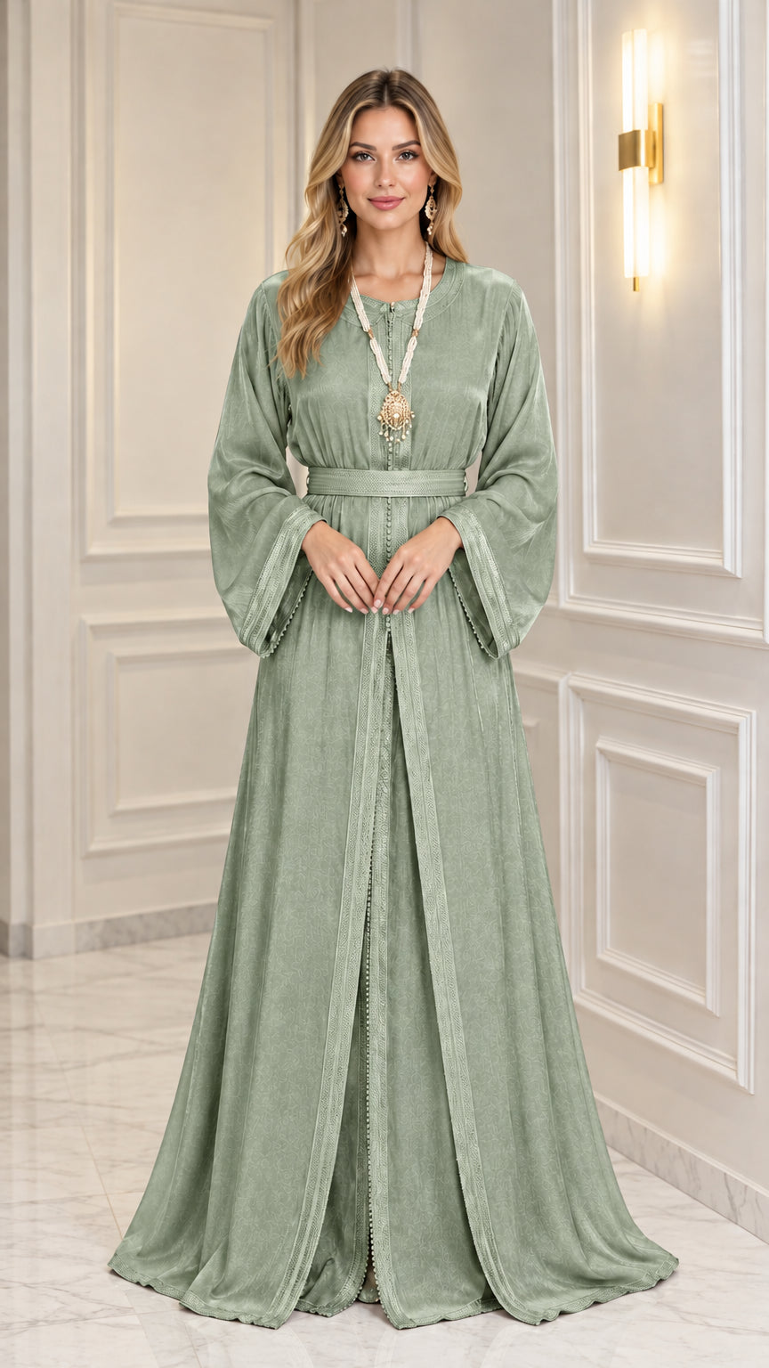 Front view of woman wearing Sage Green jacquard kaftan maxi dress