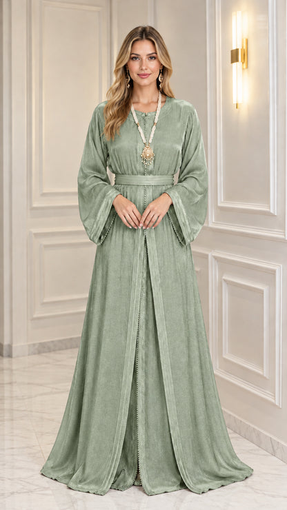 Front view of woman wearing Sage Green jacquard kaftan maxi dress