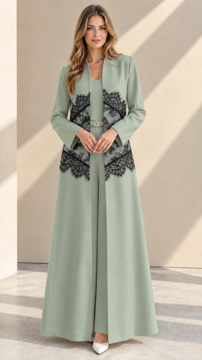 Sage green floor-length formal pant suit with black lace waist design