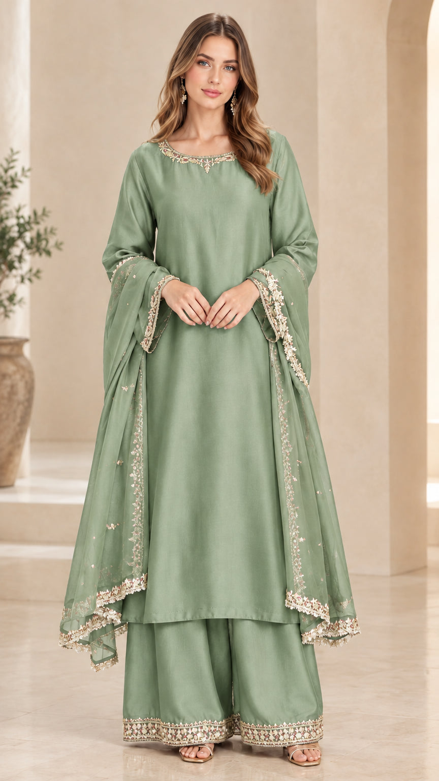 Sage green festive embroidered kurta and wide-leg palazzo suit set