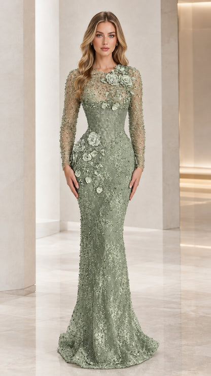 Sage green beaded long sleeve mermaid evening dress