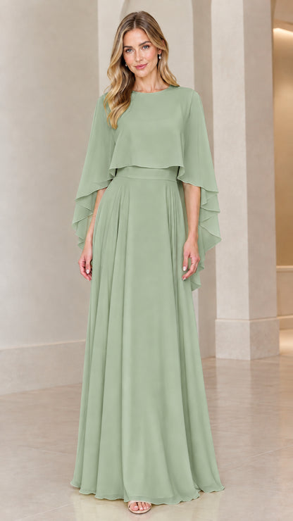 Front view of model wearing sage green chiffon capelet evening maxi dress