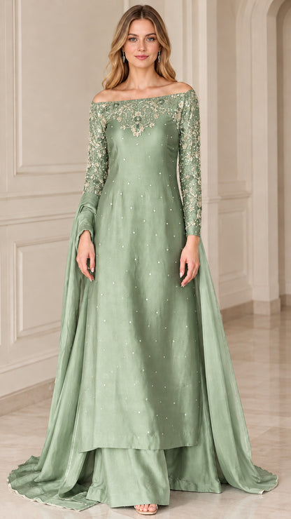 Sage green off-the-shoulder embroidered occasion gown with matching floor drape