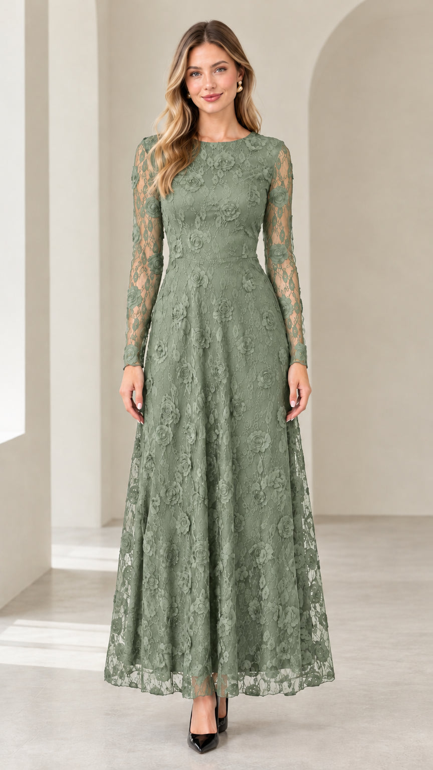 Sage green textured lace long sleeve evening gown full length