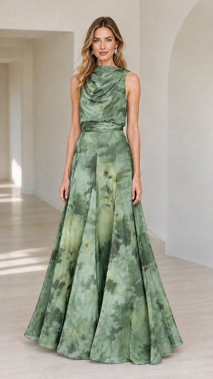 Front view of woman wearing sage green abstract floral print A-line maxi dress