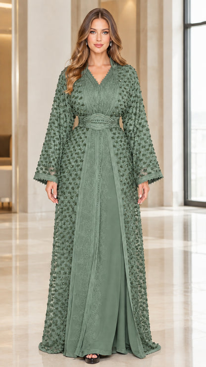 Front view of sage green beaded lace formal maxi gown