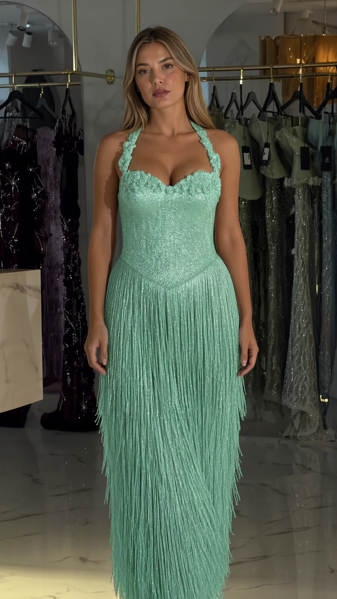 Mint Green floral halter shimmer fringe evening dress