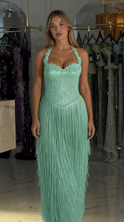 Mint Green floral halter shimmer fringe evening dress