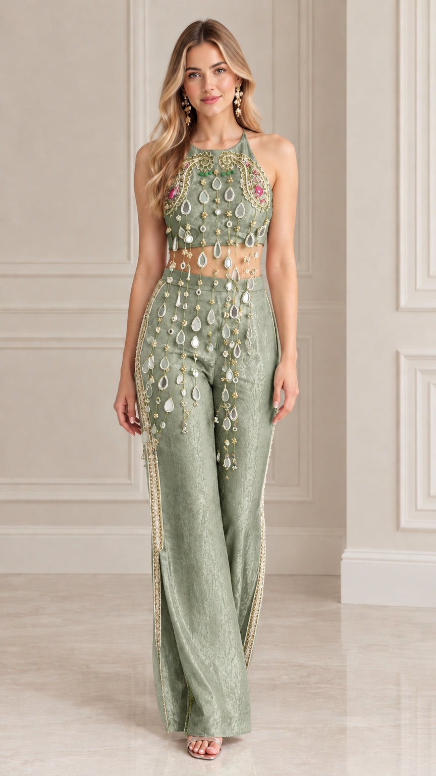 Sage green beaded halter crop top and matching wide-leg trousers set