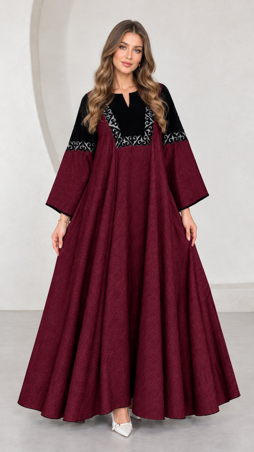 Front view of burgundy red embroidered contrast yoke maxi dress
