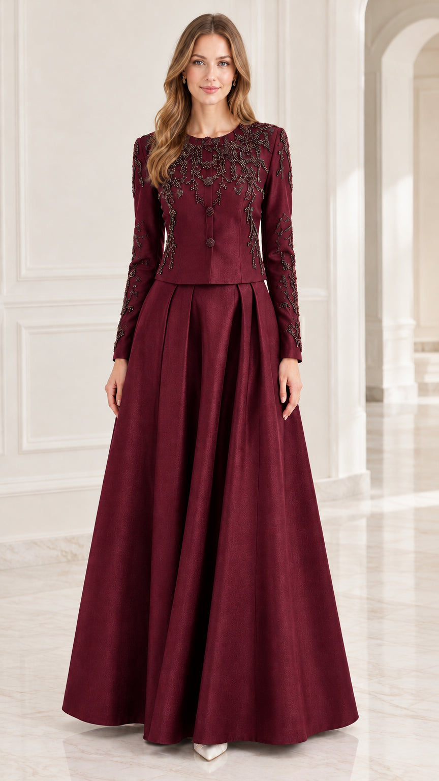 Burgundy wine red beaded long-sleeve evening gown on model