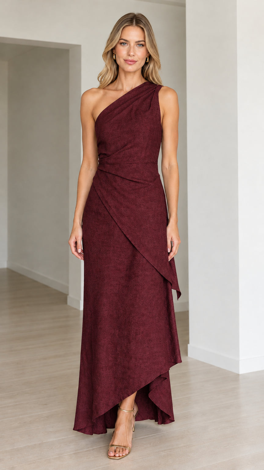 Full-length front view of the one-shoulder draped maxi dress in rich Burgundy