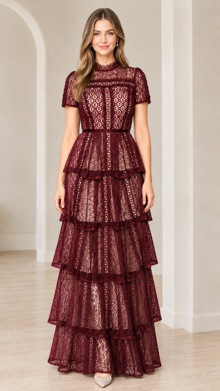 Front view of model wearing Burgundy short sleeve tiered lace formal maxi dress