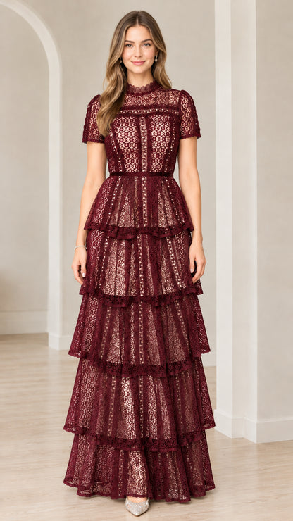 Front view of model wearing Burgundy short sleeve tiered lace formal maxi dress