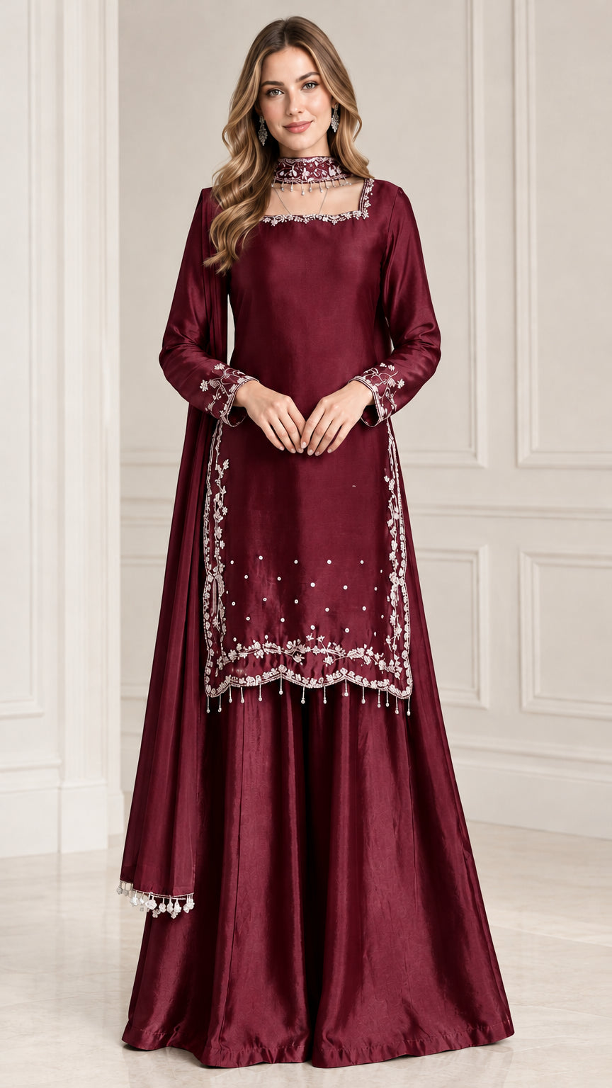 Front view of wine red embroidered satin sharara suit set