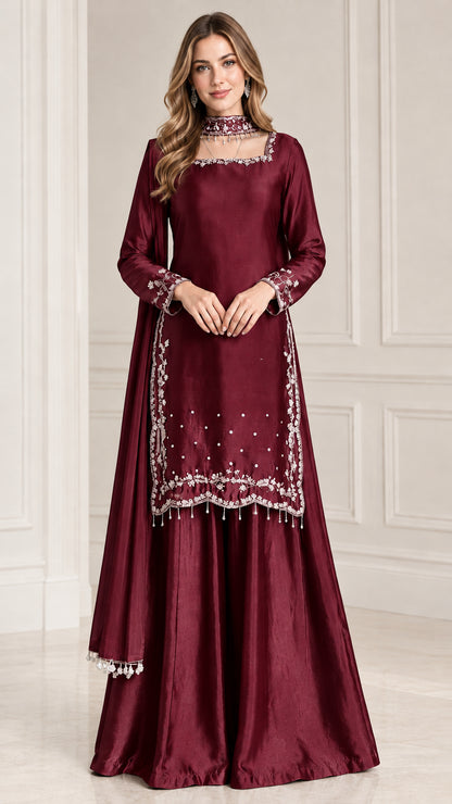 Front view of wine red embroidered satin sharara suit set