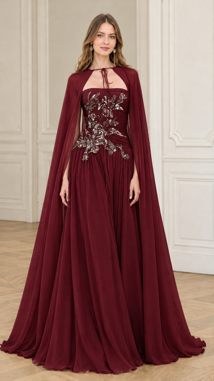 Burgundy wine red strapless evening dress with embellished bodice and cape