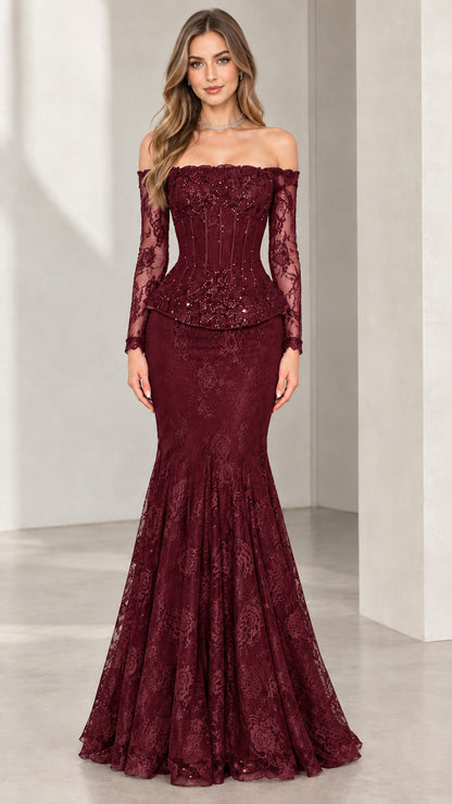 Full-length front view of woman wearing burgundy wine red lace mermaid evening gown