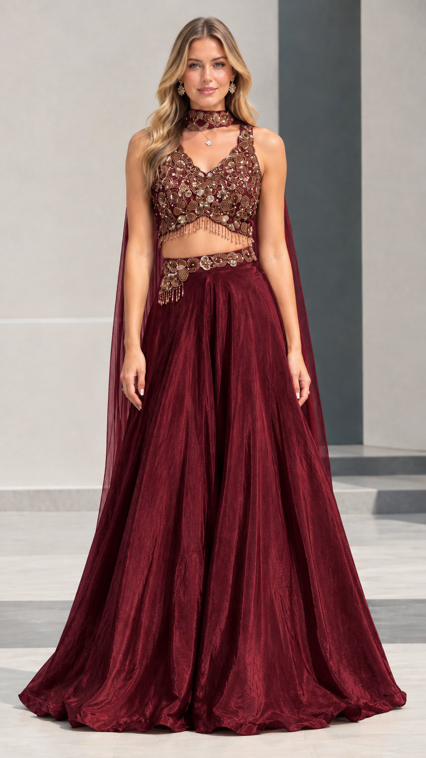 Burgundy wine embroidered crop top and matching floor-length formal skirt set