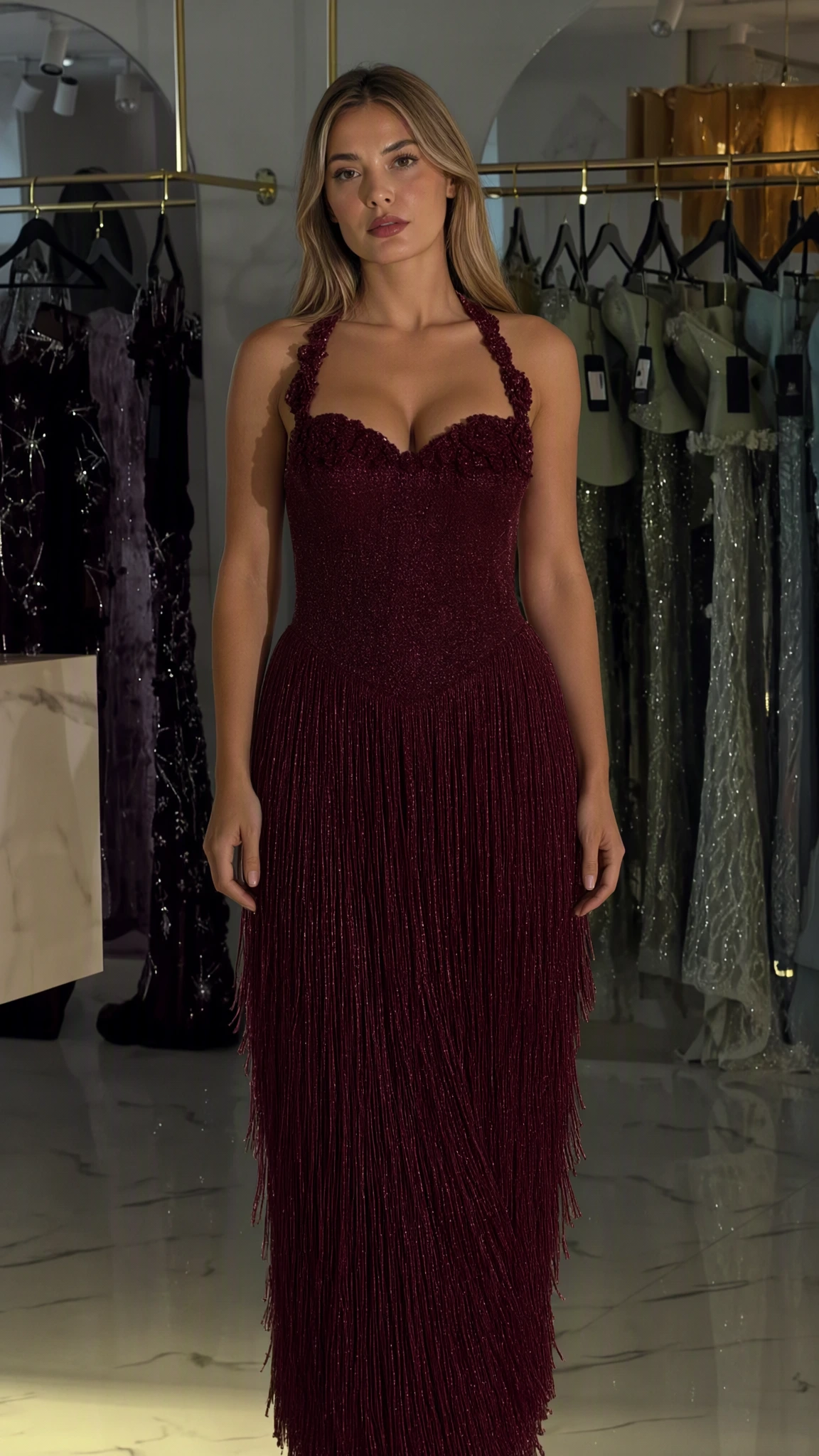 Burgundy floral halter shimmer fringe maxi gown