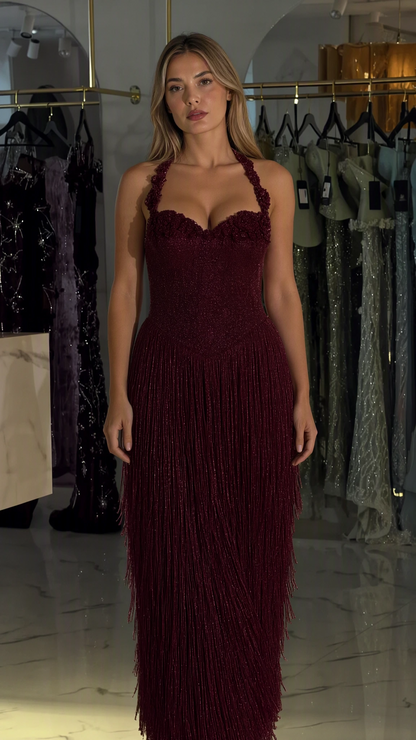 Burgundy floral halter shimmer fringe maxi gown
