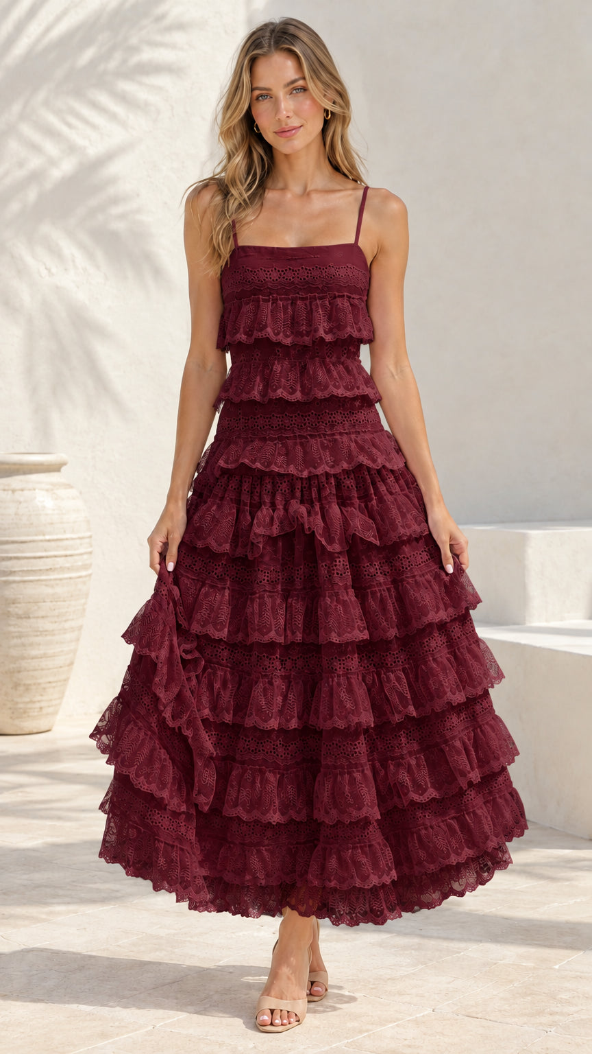Front view of woman wearing Burgundy tiered eyelet lace cami maxi dress