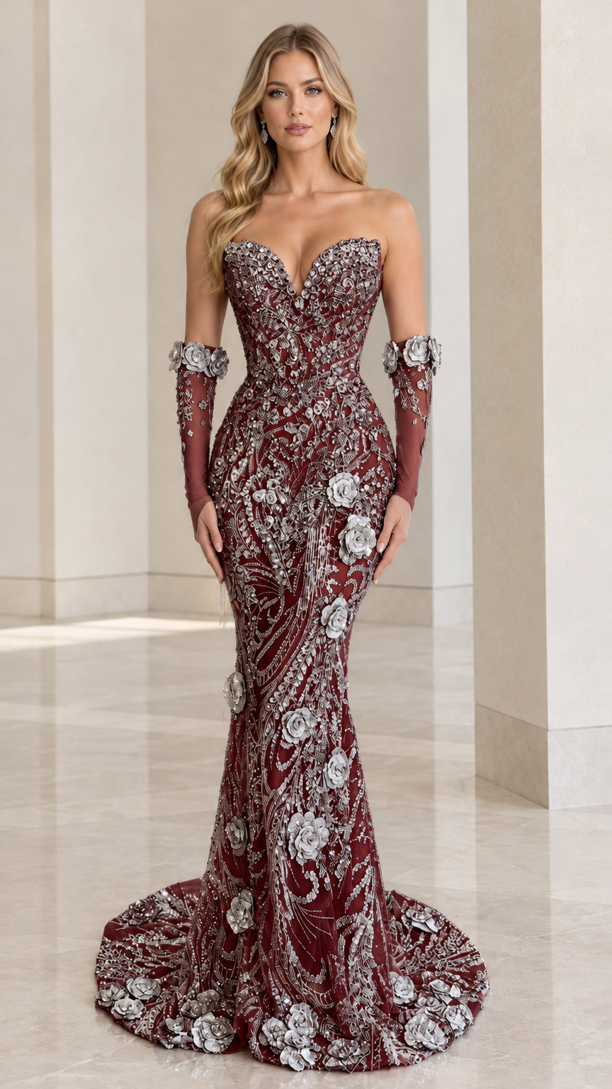Burgundy wine red beaded mermaid gown with 3D floral appliqués and sleeves