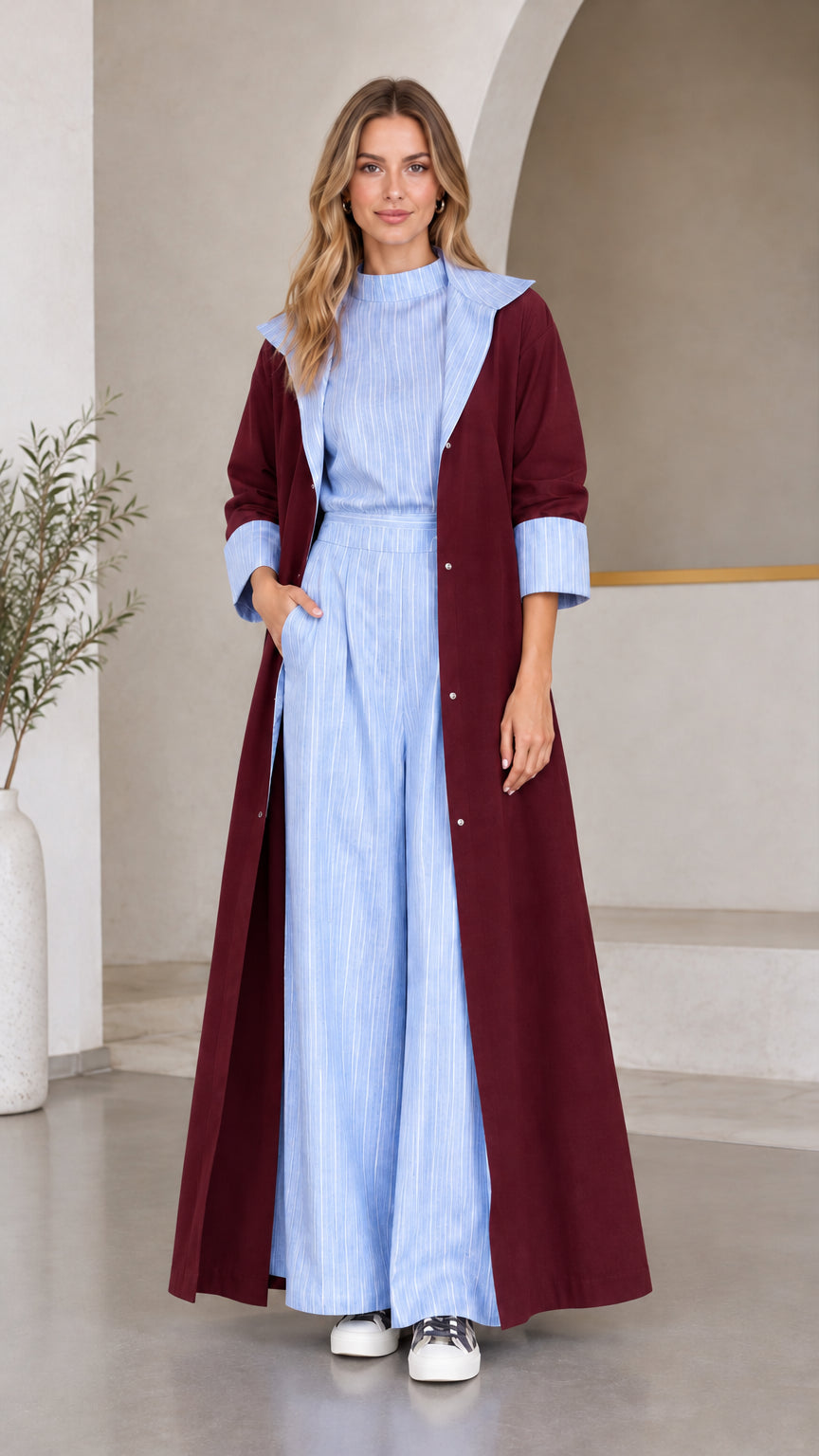 Women's burgundy longline coat styled with light blue striped wide-leg outfit
