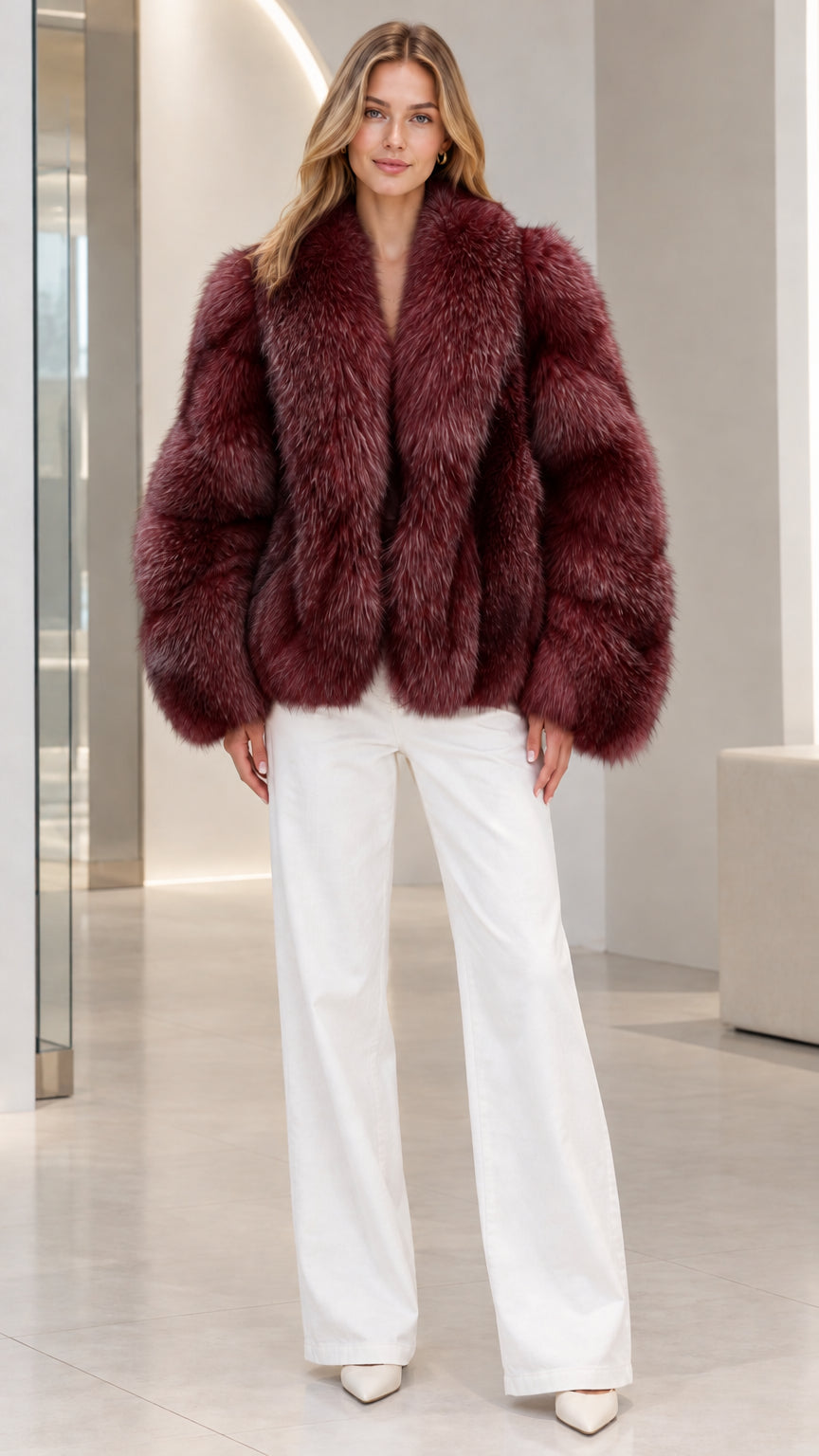 Front view of model wearing Burgundy wine red plush faux fur jacket