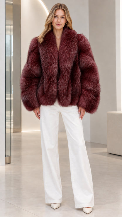 Front view of model wearing Burgundy wine red plush faux fur jacket