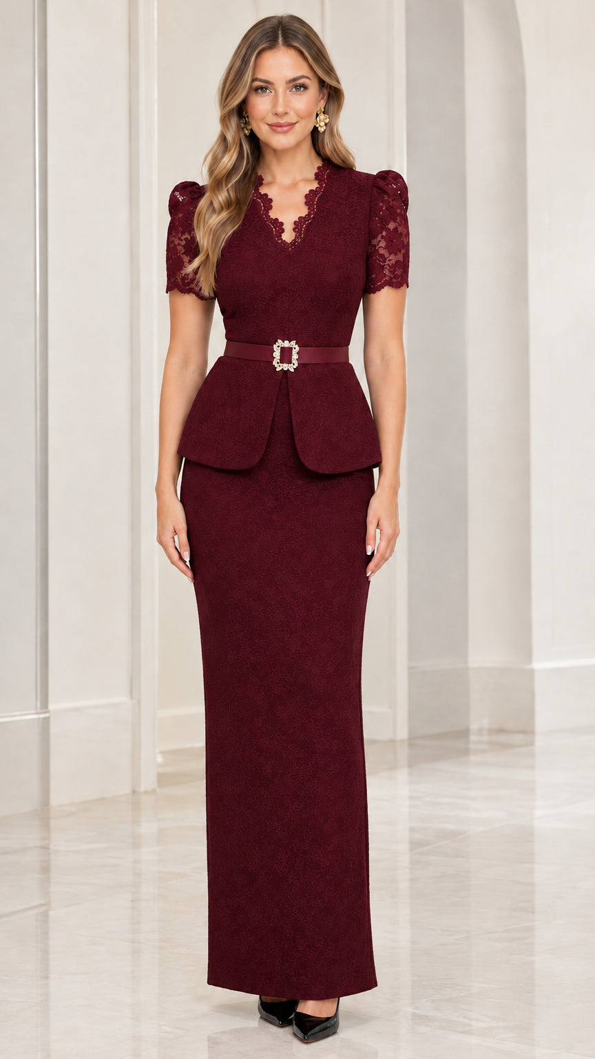 Burgundy wine scalloped lace peplum formal dress on model