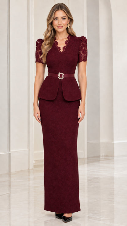Burgundy wine scalloped lace peplum formal dress on model