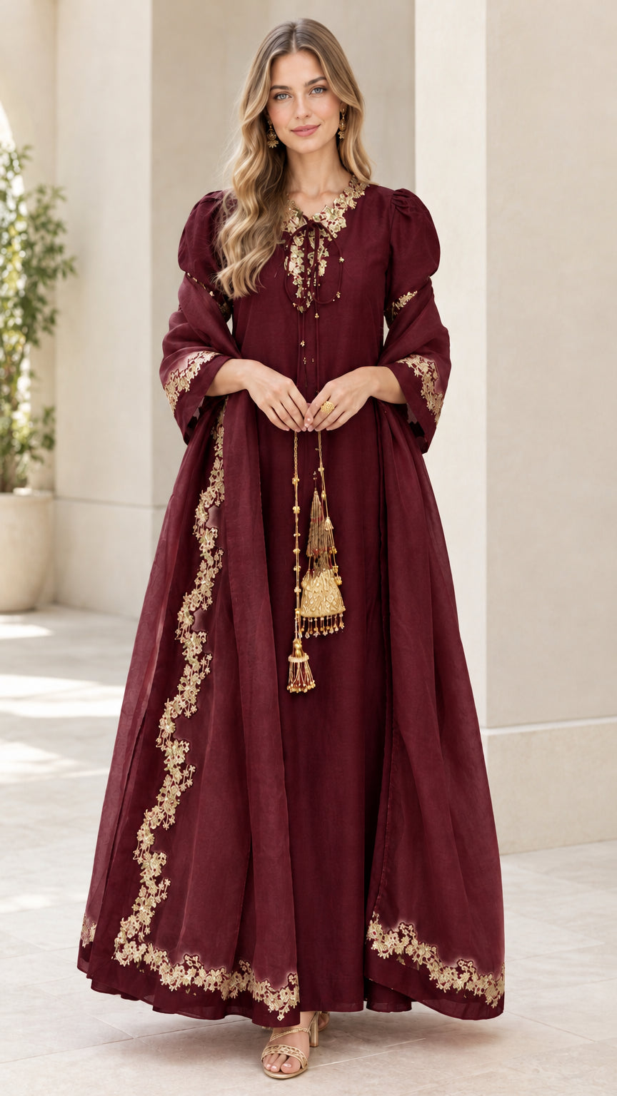 Full front view of burgundy wine embroidered maxi dress with sheer scarf set