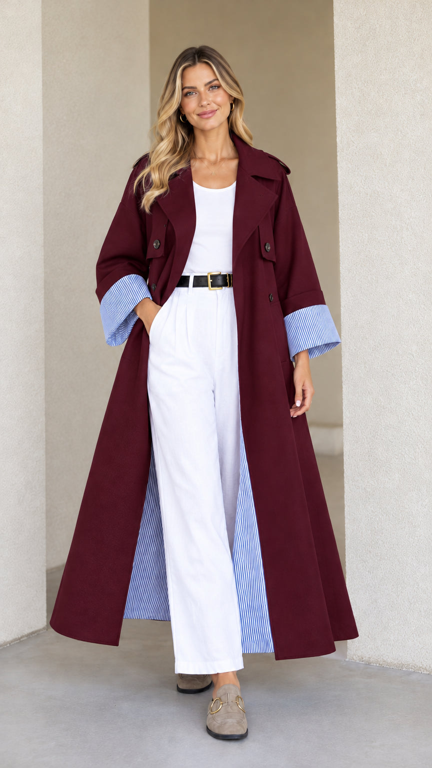 Front view of model wearing Burgundy wine red maxi trench duster coat with striped lining