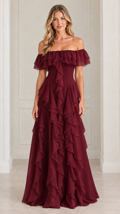Front view of burgundy wine off-the-shoulder ruffle maxi dress