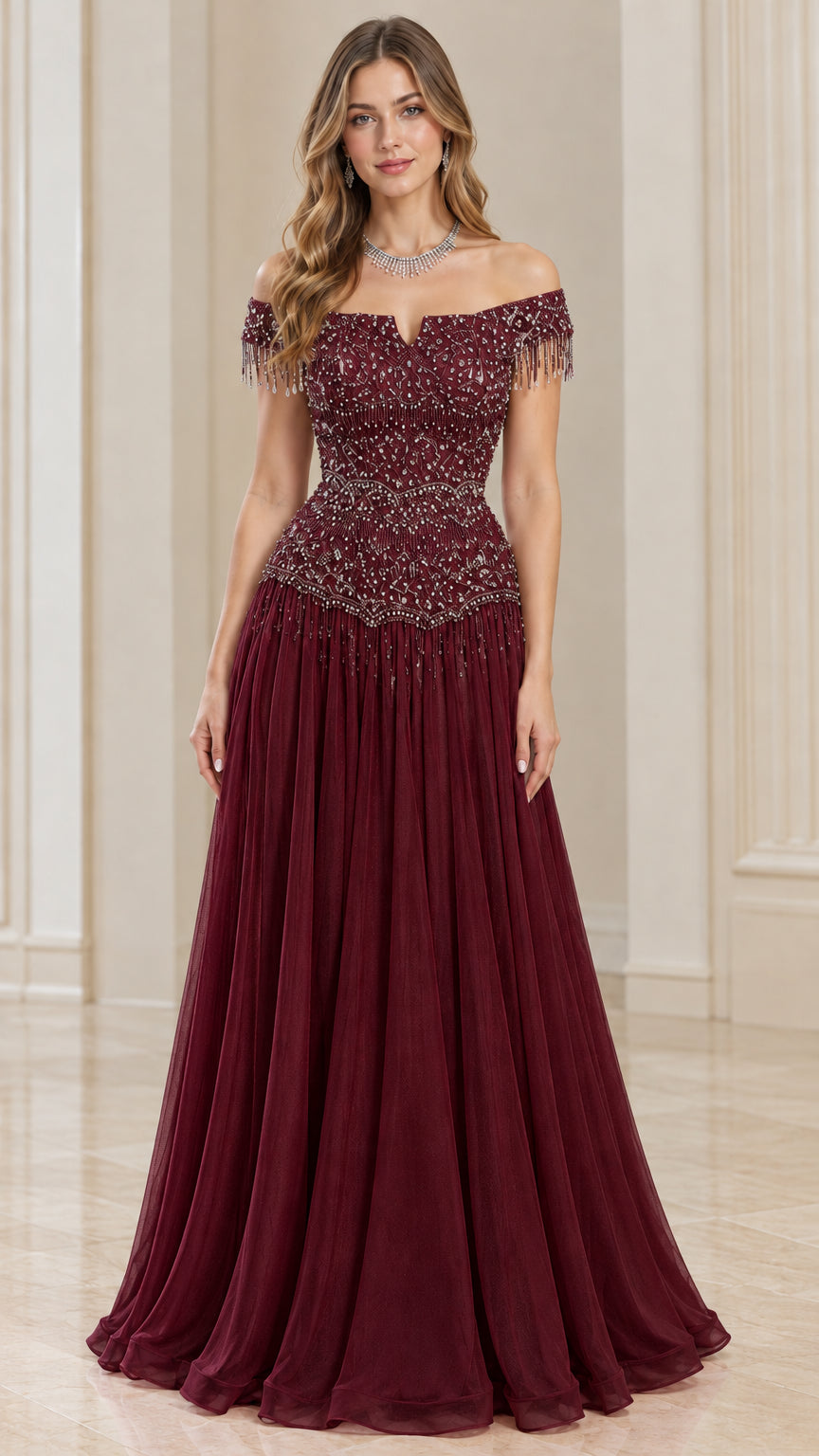 Burgundy wine red embellished off-the-shoulder evening dress front view