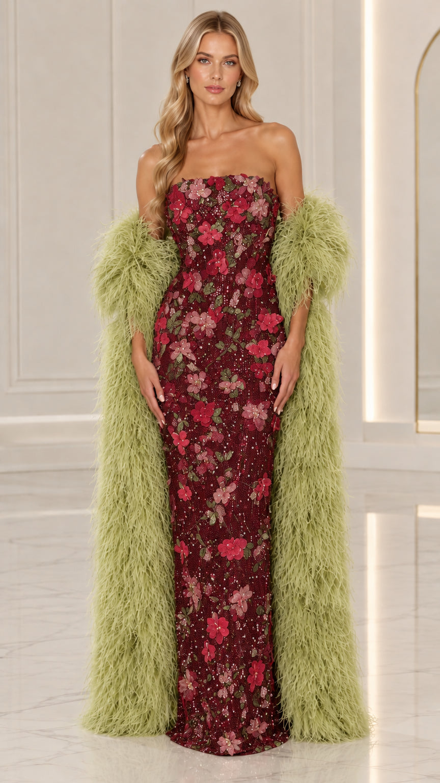 Model wearing Burgundy Floral strapless maxi evening gown with sage green wrap