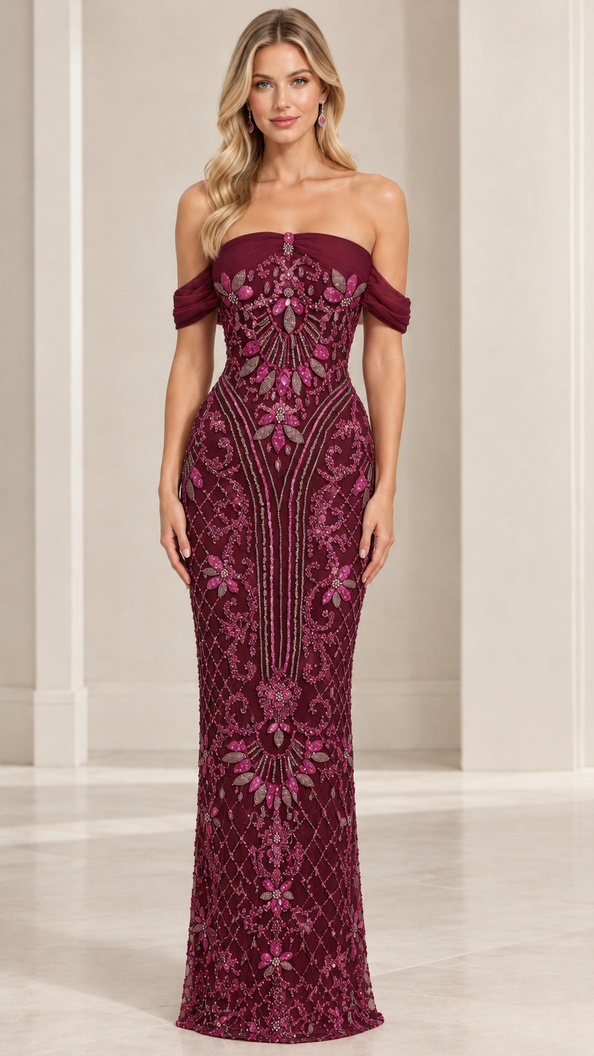 Burgundy off-the-shoulder embellished evening dress